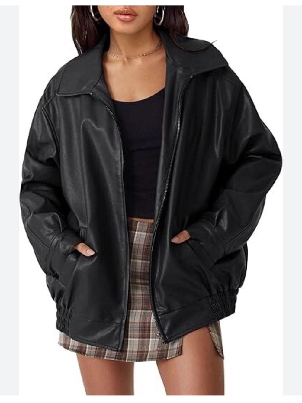 Oversized Black Faux Leather Bomber Jacket - Women's Relaxed Fit